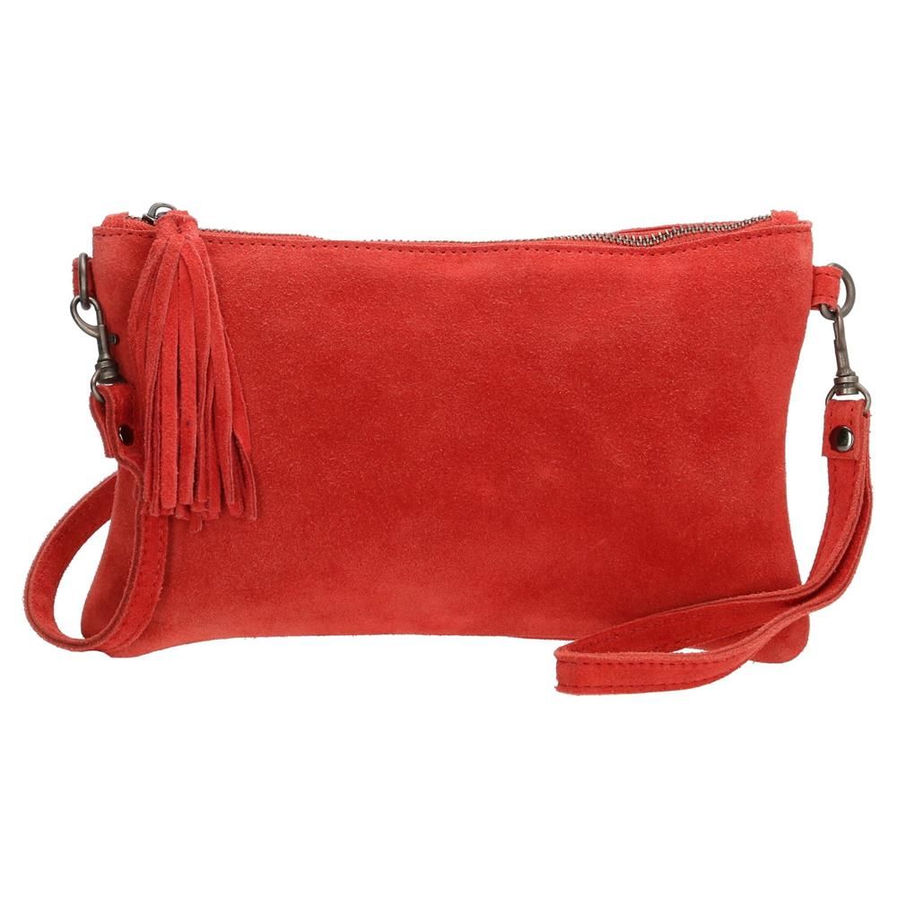Červená semišová listová kabelka s príveskom „Ginger“